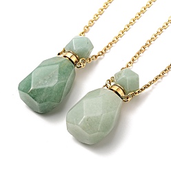 Green Aventurine Openable Faceted Natural Green Aventurine Perfume Bottle Pendant Necklaces for Women, 304 Stainless Steel Cable Chain Necklaces, Golden, 18.54 inch(47.1cm)