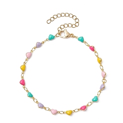 Colorful Real 18K Gold Plated Brass Enamel Heart Link Chain Bracelets, Colorful, 7-1/2 inch(19cm)