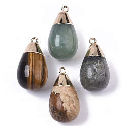 Mixed Stone Top Golden Plated Natural Mixed Gemstones Pendants, with Iron Loop, Teardrop, 28~29.5x16mm, Hole: 1.6mm