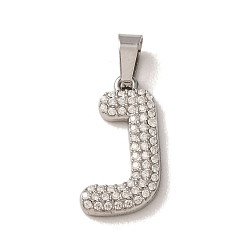Letter J 304 Stainless Steel Micro Pave Clear Cubic Zirconia Pendants, Letter Charms, Stainless Steel Color, Letter J, 18x10x2.5mm, Hole: 6x2.5mm