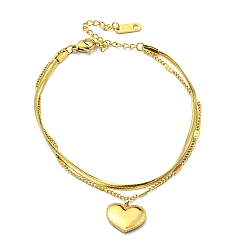 Golden 304 Stainless Steel Herringbone & Curb Chains Double Layered Multi-strand Bracelet, Love You Heart Charm Bracelet, Golden, 7-3/8 inch(18.6cm)