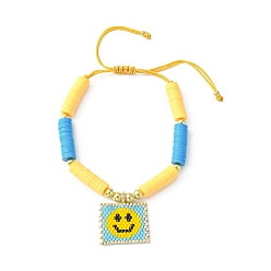 Smiling Face MIYUKI Glass Seed Rectangle Charm Bracelet, Adjustable Polymer Clay Heishi Surfer Preppy Bracelet, Smiling Face, Inner Diameter: 2~4 inch(5~10cm), Pendant: 25x24mm