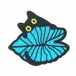 Cyan Computerized Embroidery Cloth Iron on/Sew on Patches, Costume Accessories, Cat with Leaf, Cyan, 8.6x8.9cm