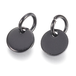 Electrophoresis Black 304 Stainless Steel Charms, Stamping Blank Tag, with Jump Rings, Flat Round, Electrophoresis Black, 6x0.7mm, Hole: 3.5mm