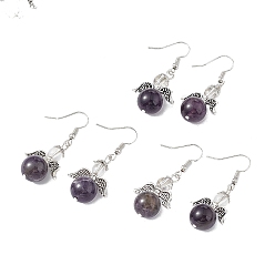 Amethyst Natural Amethyst Round Beaded Fairy Dangle Earrings, Platinum Brass Jewelry for Women, Cadmium Free & Lead Free, 45mm, Pin: 0.7mm