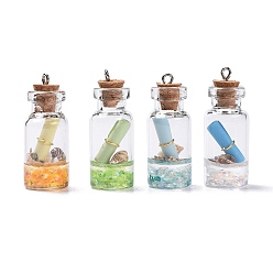 Mixed Color Glass Wishing Bottle Pendant Decorations, with Resin & Paper & Shell, with Cork Stopper and Iron Findings, Mixed Color, 40~42x16mm, Hole: 2mm.