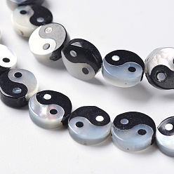 Black Feng Shui White Shell Bead Strands, with Natural Black Agate, Flat Round, Yin Yang, Black, 8x2.5mm, Hole: 0.5mm, about 24pcs/strand, 8.1 inch