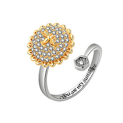 Golden Sunflower with Bee Cubic Zirconia Rotating Ring, Brass Open Cuff Ring for Calming Worry Meditation, Golden, US Size 8(18.1mm)