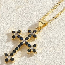 Черный Ожерелье с подвеской из латуни и кубического циркона из настоящего золота для женщин, крестик, чёрные, 14 дюйм (17.72 см)