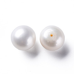 White Grade AAA Natural Cultured Freshwater Pearl Beads, Half Drilled, Flat Round, White, 10.5~11x9~9.5mm, Half Hole: 0.8mm