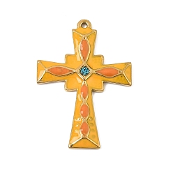 Sapphire 304 Stainless Steel with Orange Enamel Pendants, with Rhinestone, Cross Charms, Ion Plating(IP), Golden, Sapphire, 35.5x24.5x2.5mm, Hole: 1.4mm
