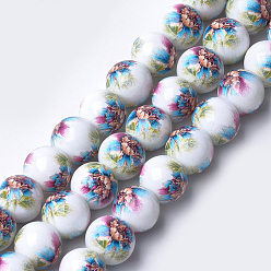 Colorful Printed & Spray Painted Glass Beads, Round with Flower Pattern, Colorful, 12~12.5x11.5mm, Hole: 1.4mm