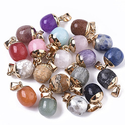 Mixed Stone Top Golden Plated Natural & Synthetic Mixed Gemstone Pendants, with Iron Snap on Bails & Loop, Barrel, Mixed Dyed and Undyed, 17~19x11.5~12.5mm, Hole: 4x6mm