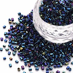 Marine Blue Glass Bugle Beads, Metallic Colours, Marine Blue, 2.5~3x2mm, Hole: 0.9mm, about 15000pcs/pound