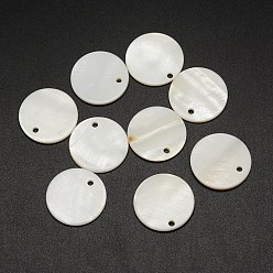 Белый Окрашенные естественно плоские круглые раковины кулон, белые, 20x2 мм, отверстие : 2 мм