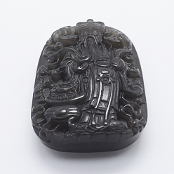 Obsidian Carved Natural Obsidian Big Pendants, God of Wealth, 52x38x16mm, Hole: 1.5mm