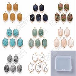 Mixed Stone 8Pcs 8 Style Natural & Synthetic Gemstone Link Connectors, with Golden Plated Brass Edge and Loop, Faceted, Oval, 29x13x6~7mm, Hole: 2mm, 1pc/style