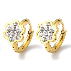 Golden Crystal Rhinestone Flower Hoop Earrings, Vacuum Plating 202 Stainless Steel Earrings with 304 Stainless Steel Pins for Women, Golden, 15x18x2.5mm, Pin: 1mm