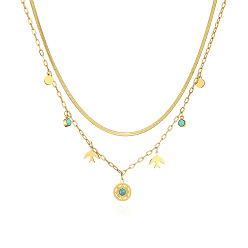 22731 Minimalist Titanium Steel Necklace for Women with 18K Gold Plating and Turquoise Double Layered Design