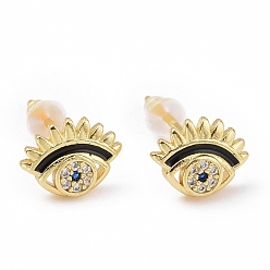Black Cubic Zirconia Evil Eye Stud Earrings with Enamel, Gold Plated Brass Jewelry for Women, Cadmium Free & Lead Free, Black, 7.5x10mm, Pin: 0.8mm