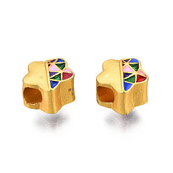 Colorful Alloy Enamel European Beads, Large Hole Beads, Matte Style, Cadmium Free & Lead Free, Star, Matte Gold Color, Colorful, 10.5x11x8mm, Hole: 4mm