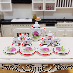 Flower Mini Ceramic Tea Sets, including Teacup, Saucer, Teapot, Cream Pitcher, Sugar Bowl, Miniature Ornaments, Micro Landscape Garden Dollhouse Accessories, Pretending Prop Decorations, Flower Pattern, 15pcs/set