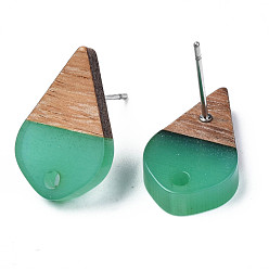Medium Sea Green Transparent Resin & Walnut Wood Stud Earring Findings, with 304 Stainless Steel Pin and Hole, Two Tone, Teardrop, Medium Sea Green, 17.5x11mm, Hole: 1.8mm, Pin: 0.7mm
