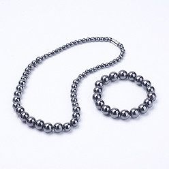 Gray Electroplate Magnetic Synthetic Hematite Jewelry Sets, Graduated Beads Necklaces and Bracelets, Round, Gray, 18.2 inch(46.3cm), 2-1/4 inch(57mm)
