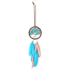 Feather Iron & Synthetic Turquoise Woven Web/Net with Feather Pendant Decorations, Flat Round with Tree, 75mm