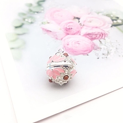 Pink Brass Enamel Hollow Bead Cage Pendants, Round with Lotus Flower Charm, for Chime Ball Pendant Necklaces Making, Pink, 18x15mm