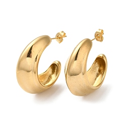 Real 18K Gold Plated Ion Plating(IP) 304 Stainless Steel Round Earrings, Half Hoop Earrings, Real 18K Gold Plated, 31.5x15.5mm