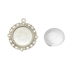 Antique Silver Pendant Making Sets, with Alloy Pendant Cabochon Settings and Glass Cabochons, Flat Round, Lead Free & Nickel Free, Antique Silver, Tray: 20mm, 35x32x2mm, Hole: 2mm