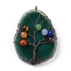 Green Natural Agate Big Pendants, with Rack Plating Brass Wires, Chakra Gemstone Beads, Cadmium Free & Lead Free, Dyed & Heated, Nuggets with Tree, Red Copper, Green, 58~62x37~47x13~14mm, Hole: 4~6mm