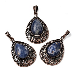 Содалитовое Подвески из натурального содалита в форме капли, с винтажной латунной рамкой красного медного оттенка, 34.5x23.5x7.5 мм, отверстие : 8x5 мм