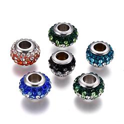 Mixed Color 304 Stainless Steel Polymer Clay Rhinestone European Beads, Stainless Steel Color Core, Large Hole Rondelle Beads, Mixed Color, 12x8mm, Hole: 5mm