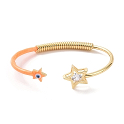 Coral Enamel Star with Evil Eye Open Cuff Bangle with Clear Cubic Zirconia, Real 18K Gold Plated Brass Jewelry for Women, Coral, Inner Diameter: 2-5/8 inch(6.6cm)