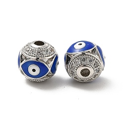 Royal Blue Brass Micro Pave Cubic Zirconia Beads, Round with Enamel Evil Eye, Platinum, Royal Blue, 10x9.5mm, Hole: 1.6mm