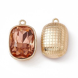 Smoked Topaz K9 Glass Pendants, Oval Rectangle Charms, Faceted, with Light Gold Tone Brass Findings, Smoked Topaz, 22.5x14.5x10mm, Hole: 1.8mm