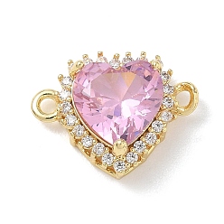 Pink Подвески-шармы в виде сердечек из латуни с микропаве и кубическим цирконием, инкрустированные стеклянными звеньями., реальный 18 k позолоченный, стойки покрытие, долговечный, без кадмия и без свинца, розовые, 14.5x19.5x7.5 мм, отверстие : 1.6~1.8 мм