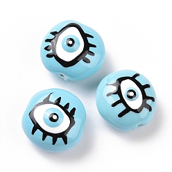 Light Blue Enamel Beads, with ABS Plastic Imitation Pearl Inside, Oval with Evil Eye, Light Blue, 13.5x13x7.5mm, Hole: 1mm