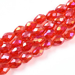 Красный Прозрачные стеклянные бусины гальваническим пряди, с покрытием AB цвета, граненые, слеза, красные, 8x6 мм, отверстие : 1.2 мм, около 65~67 шт / нитка, 20.08'' (51 см)