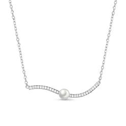 Silver TINYSAND 925 Sterling Silver Cubic Zirconia Pendant Necklaces, with Pearl Beads, Silver, 14.5 inch