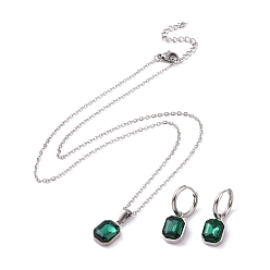 Stainless Steel Color Lime Rhinestones Octagon Dangle Hoop Earrings and Pendant Necklace, 304 Stainless Steel Jewelry Set for Women, Stainless Steel Color, 17.80 inch(45.2cm), 26mm, Pin: 1mm