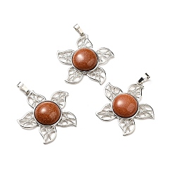 Goldstone Synthetic Goldstone Pendants, Flower Charms, with Rack Plating Platinum Tone Brass Findings, Cadmium Free & Lead Free, 38x37x7~7.5mm, Hole: 8x5mm