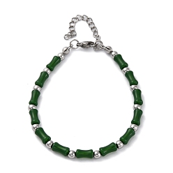 Темно-Зеленый 304 браслеты из нержавеющей стали с бусинами для женщин, колонка, со стеклянными и стальными бусинами, темно-зеленый, 7-1/8 дюйм (18.1 см)