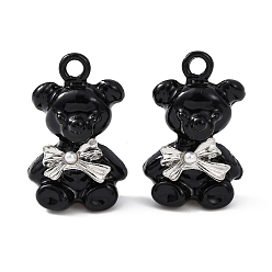 Черный Подвески из сплава аэрозольной краски, мишка с подвеской-бантом, с ABS имитации жемчуга, стойки покрытие, долговечный, платина, чёрные, 25x16x7 мм, отверстие : 2.6 мм