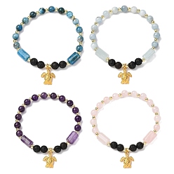 Смешанные камни 4шт. браслеты с подвесками из натурального апатита, аметиста, аквамарина, розового кварца и лавового камня, браслеты с подвесками в виде черепахи из сплава, золотые, внутренний диаметр: 2 дюйм (5~5.2 см)