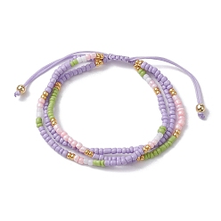 Lilac Adjustable Glass Seed Beaded Triple Layer Multi-strand Bracelet, Nylon Cord Braided Bead Bracelets, Lilac, Inner Diameter: 2-3/8~3-1/2 inch(5.9~8.9cm)