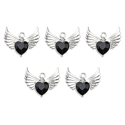 Black Rack Plating Alloy Glass Pendants, Cadmium Free & Lead Free & Nickle Free, Platinum, Faceted Heart Charm with Wing, Black, 20x22x4mm, Hole: 1.8mm