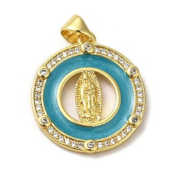 Dark Turquoise Rack Plating Brass Enamel Clear Cubic Zirconia Pendants, Real 18K Gold Plated, Long-Lasting Plated, Round with Saint, Dark Turquoise, 23x20x2mm, Hole: 5x3mm